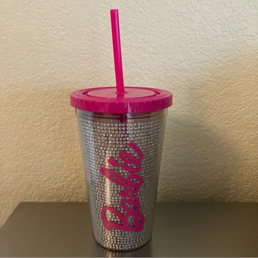 BARBIE Pink / Silver Rhinestone Tumbler Cup With Straw